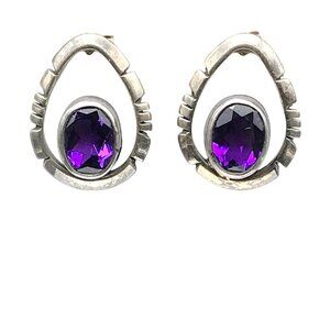 Vintage Sterling Silver and Amethyst Teardrop Stud Earrings, Estate Faceted Beze